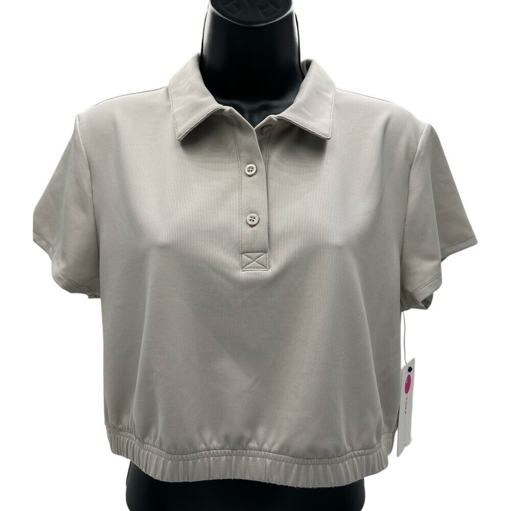 Yogalicious Waffle Jane Crop SS Polo Shirt‎ Taupe Greige Size L NWOT